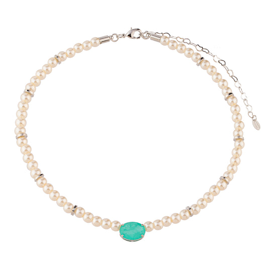 Colar Pérolas com Pedra Oval Esmeralda Colombiana Prateado