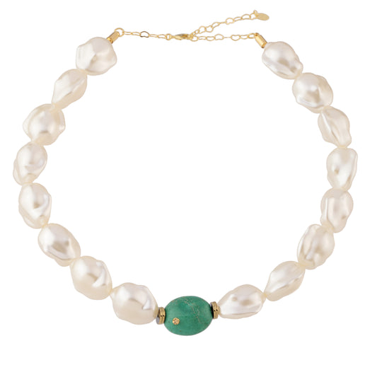 Colar Pérolas com Pedra Verde e Cristal Âmbar Dourado