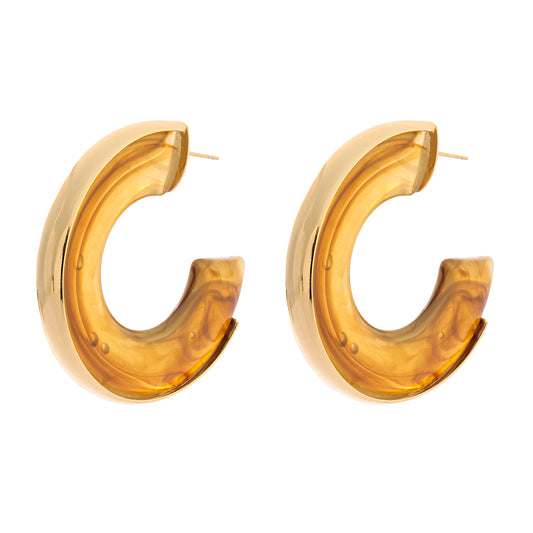 Brinco Argola Marrom Com Aro Liso Entorno Dourado