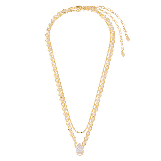 Colar Duplo Corrente Elos e Pérolas com Gota Cristal e Choker Lisa Dourado