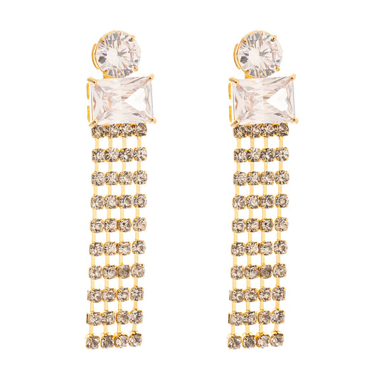 Brinco Redondo e Quadrado Cristal com Franja Cravejada Dourado/Prateado