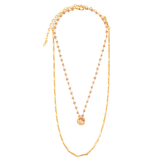 Colar Dupla Articulado Liso e Cristais com Oval Cravejado Dourado