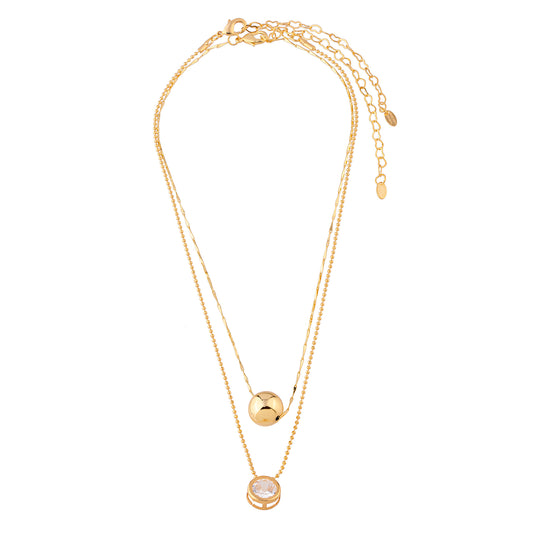 Colar Duplo Corrente Articulada com Esfera Lisa e Corrente Bolinha com Ponto de Luz Dourado