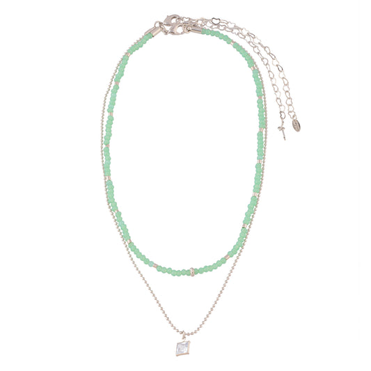 Colar Duplo Choker Verde Água e Corrente Bolinhas Ponto de Luz Prateado