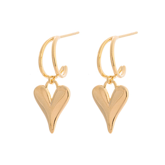 Brinco Argola Dupla Fina com Pingente de Coração Liso Dourado