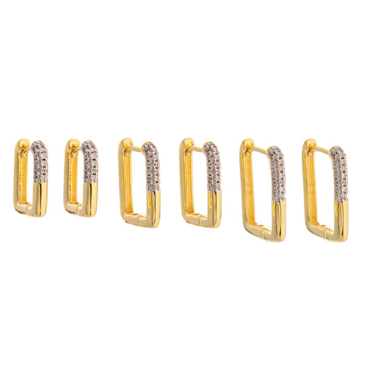Brinco Trio Argolas Retangulares com Detalhe Cravejado Ródio Dourado