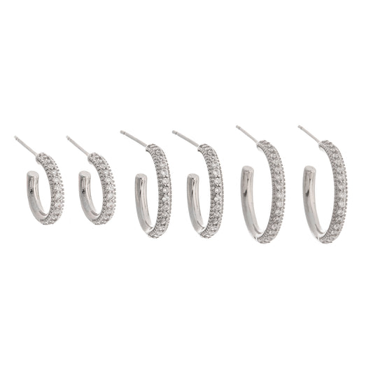 Brinco Trio Argolas Finas Cravejadas Prateado