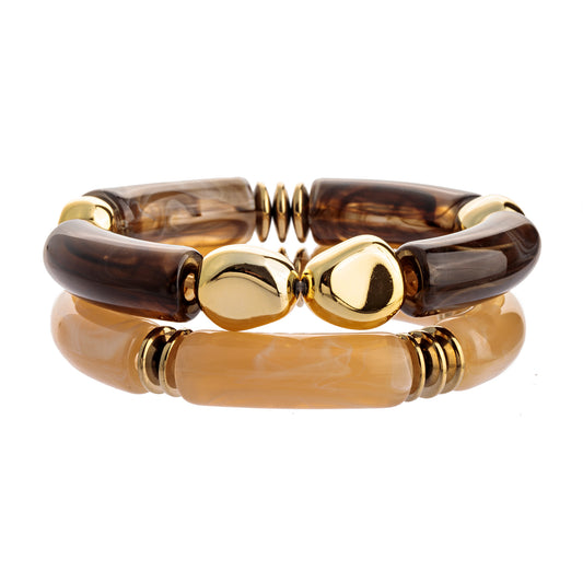 Pulseira Dupla Marrom e Creme com Detalhes Dourado