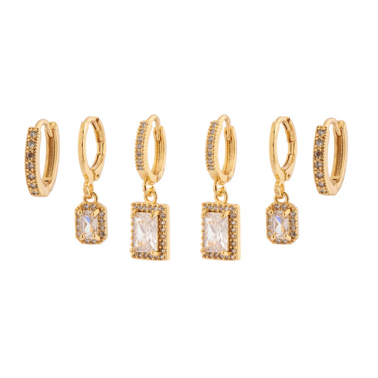 Brinco Trio Argolas Cravejadas Retângulos Dourado