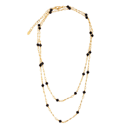 Colar Longo Detalhe Torcido Cristais Pretos Dourado
