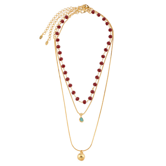 Colar Trio Choker Cristais Vermelhos, Colar Corrente Bolinhas com Gota Turquesa e Colar Diamantado com Esfera Lisa Doura