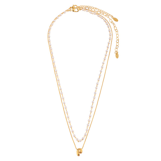 Colar Duplo Pérolas e Corrente Letra Lisa Douradop