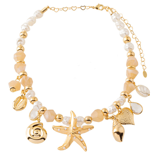 Colar Pérolas com Cristais Nude e Pingentes de Mar Dourado