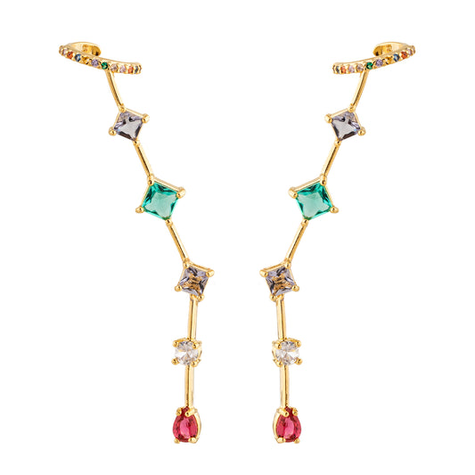 Brinco Ear Cuff Colorido com Pendulo Dourado