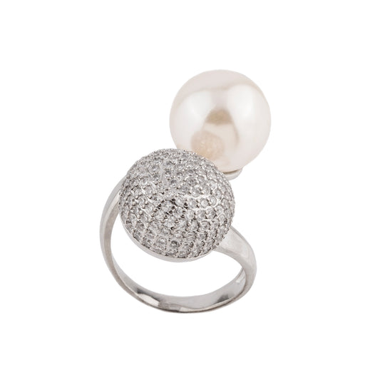 Anel Esfera e Pérola Prateado