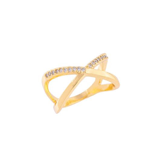 Anel X Liso e Detalhe Cravejado Dourado
