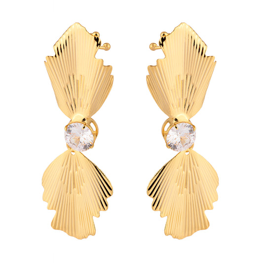 Brinco Ear Cuff Folhas Duplas com Cristal Dourado
