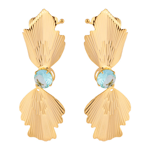 Brinco Ear Cuff Folhas Duplas com Cristal Dourado