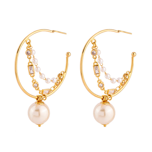 Brinco Argola Lisa com Correntes Cristais e Pérolas Dourado