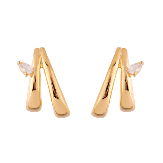 Brinco Ear Hook Duplo com Gota Cristal Dourado