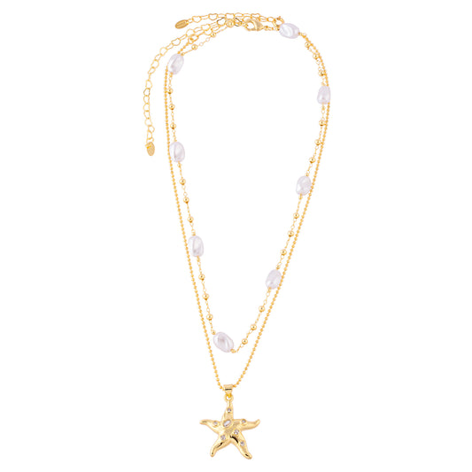 Colar Duplo Pérolas e Colar Esferas Com Pingente Estrela do Mar Dourado