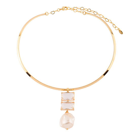 Colar Aro Liso com Retângulos Cristais e Pérolas Dourado Nat Mosca