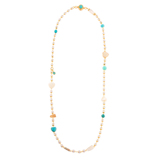 Colar Longo Corrente Pérola com Cristais Turquesa e Corações Dourado Nat Mosca