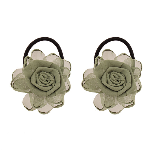 Amarrador de Cabelo Dupla de Flores em Tecido Rosa/Verde