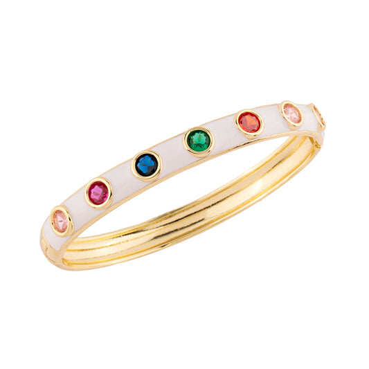 Pulseira Bracelete Esmaltado Branco/Rosa com Cristais Coloridos Dourado