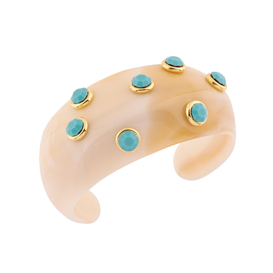 Pulseira Bracelete Resina Creme com Aplicação de Cristais Turquesa Dourado Nat Mosca