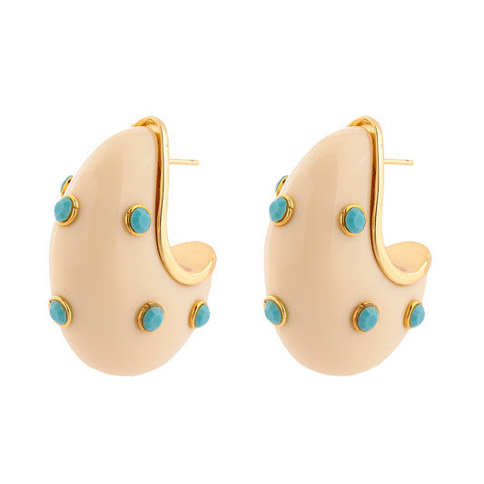 Brinco Argola Creme com Cristais Turquesa Dourado Nat Mosca