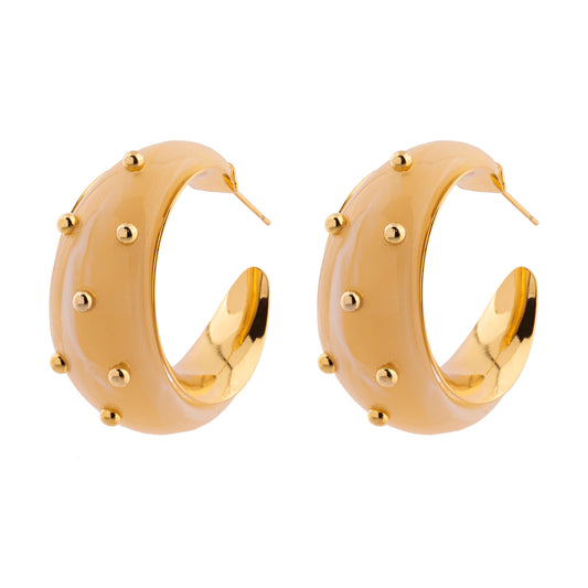 Brinco Argola Resina Creme com Aplicação de Esferas Dourado Nat Mosca