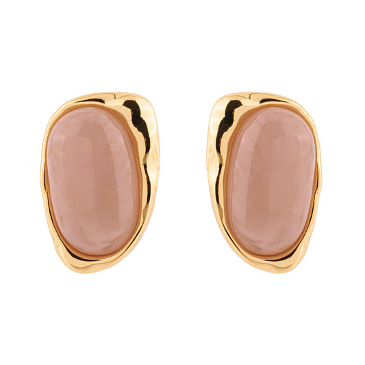 Brinco Formato Orgânico Alongado com Pedra Rosa/Creme Dourado