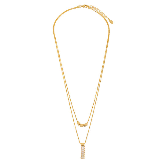 Colar Duplo Canos Lisos e Linha Cravejada Dourado