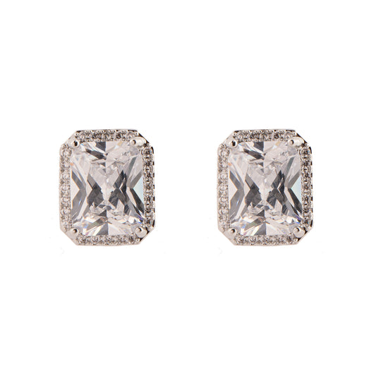 Brinco Pequeno Retângulo Cravejado Cristal Prateado