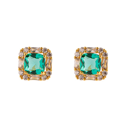Brinco Quadrado Pequeno Entorno Cravejado Cristal Pedra Verde/Marrom Dourado