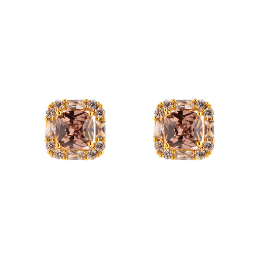 Brinco Quadrado Pequeno Entorno Cravejado Cristal Pedra Verde/Marrom Dourado