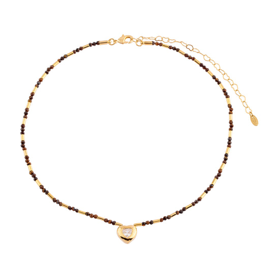 Colar Cristais Marrom com Coração Dourado