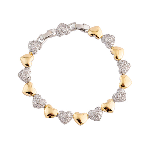Pulseira Corações Lisos e Cravejados Dourado e Prateado