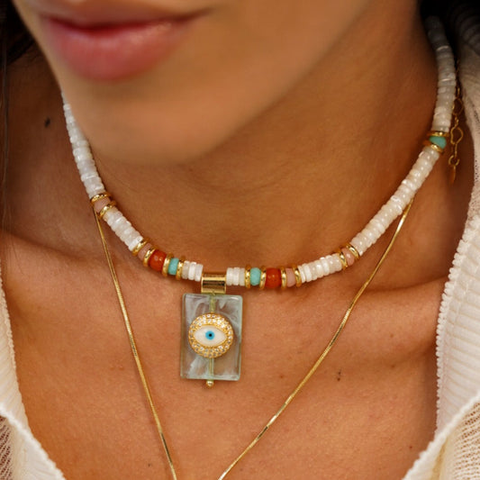 Colar Discos Madrepérola com Cristais Coloridos e Pingente Retângulo Colorido com Olho Grego Dourado