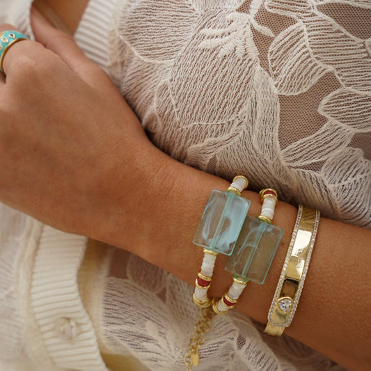 Pulseira Discos Madrepérola, Cristais Coloridos e Retângulo Maior Verde Transparente Dourado