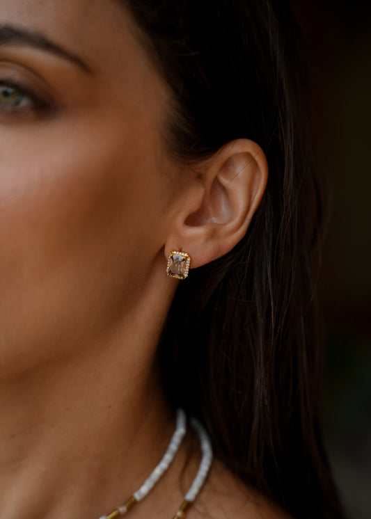 Brinco Retângulo Cravejado Colorido Dourado