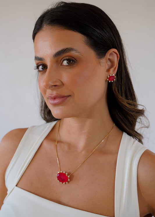 Kit Colar e Brincos Pedra Vermelha