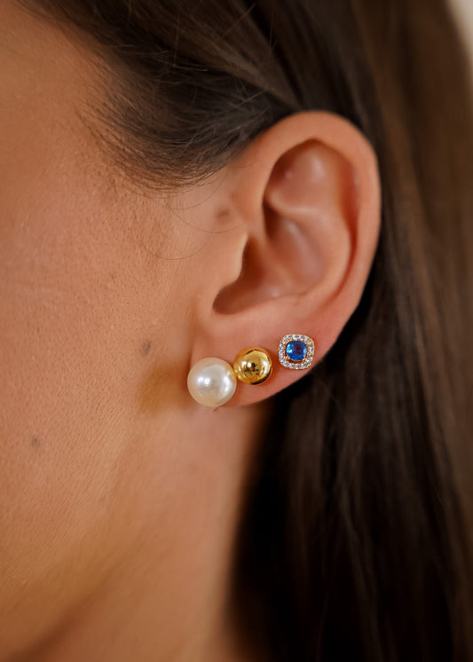 Trio de Brincos Dourado com Azul e Pérola