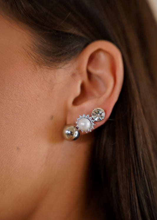 Trio de Brincos Prata com Pérola e Ponto de Luz