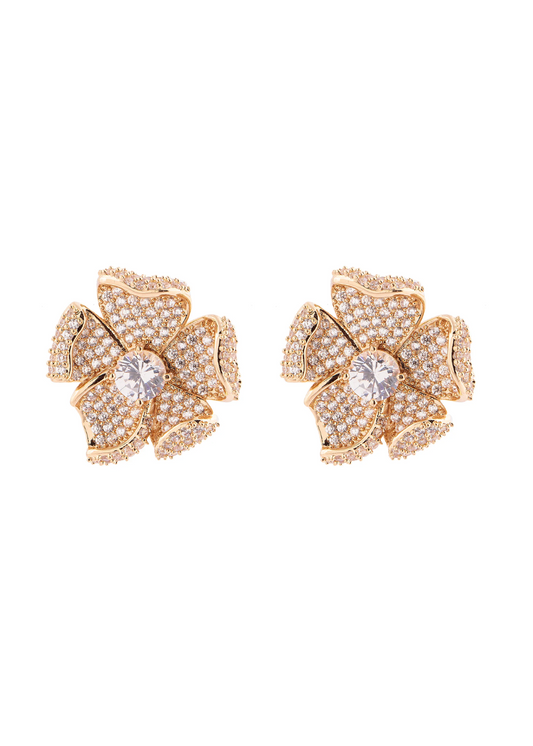 Brinco Flor Pétalas Curvadas Cravejadas Dourado/Prateado