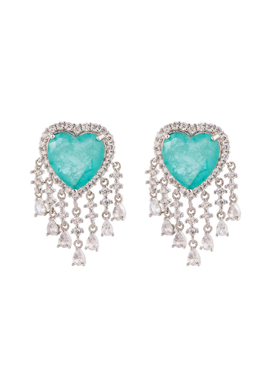 Brinco Coração Esmeralda Colombiana Com Franja Dourado/Prateado