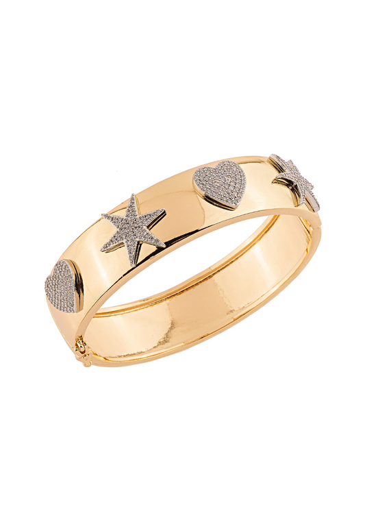 Pulseira Bracelete Grosso Liso Coração e Estrela Ródio Dourado