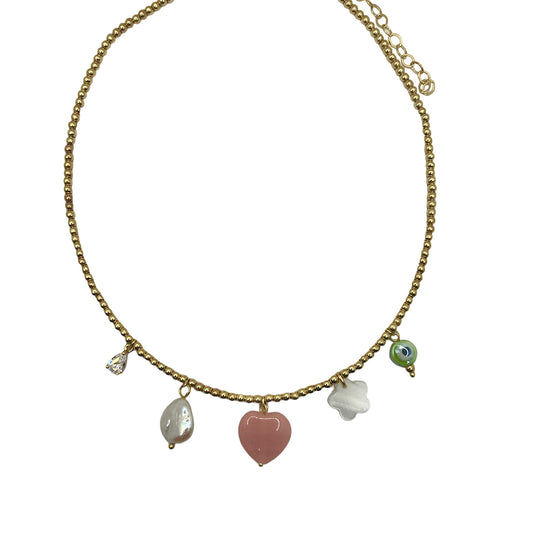 Colar Bolinhas Lisas com Pingentes Dourado