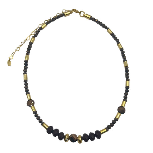 Colar Cristais Café com Detalhes Dourado